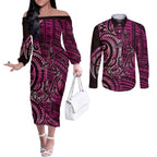 New Zealand Hammerhead Shark Couples Matching Off The Shoulder Long Sleeve Dress and Long Sleeve Button Shirt Maori Haehae Mangopare Pink - Aussie Hoodie