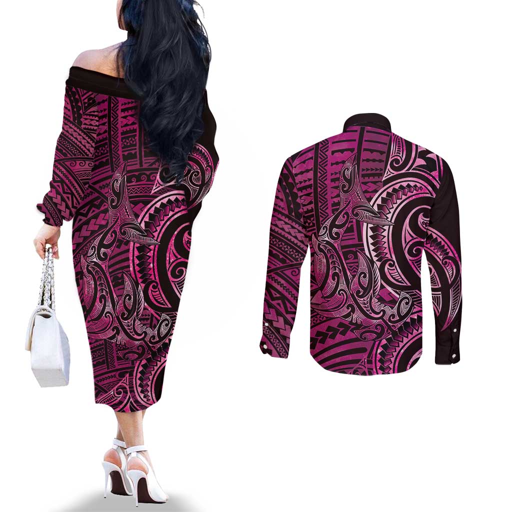 New Zealand Hammerhead Shark Couples Matching Off The Shoulder Long Sleeve Dress and Long Sleeve Button Shirt Maori Haehae Mangopare Pink - Aussie Hoodie
