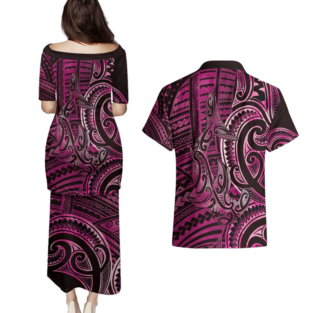 New Zealand Hammerhead Shark Couples Matching Puletasi and Hawaiian Shirt Maori Haehae Mangopare Pink - Aussie Hoodie