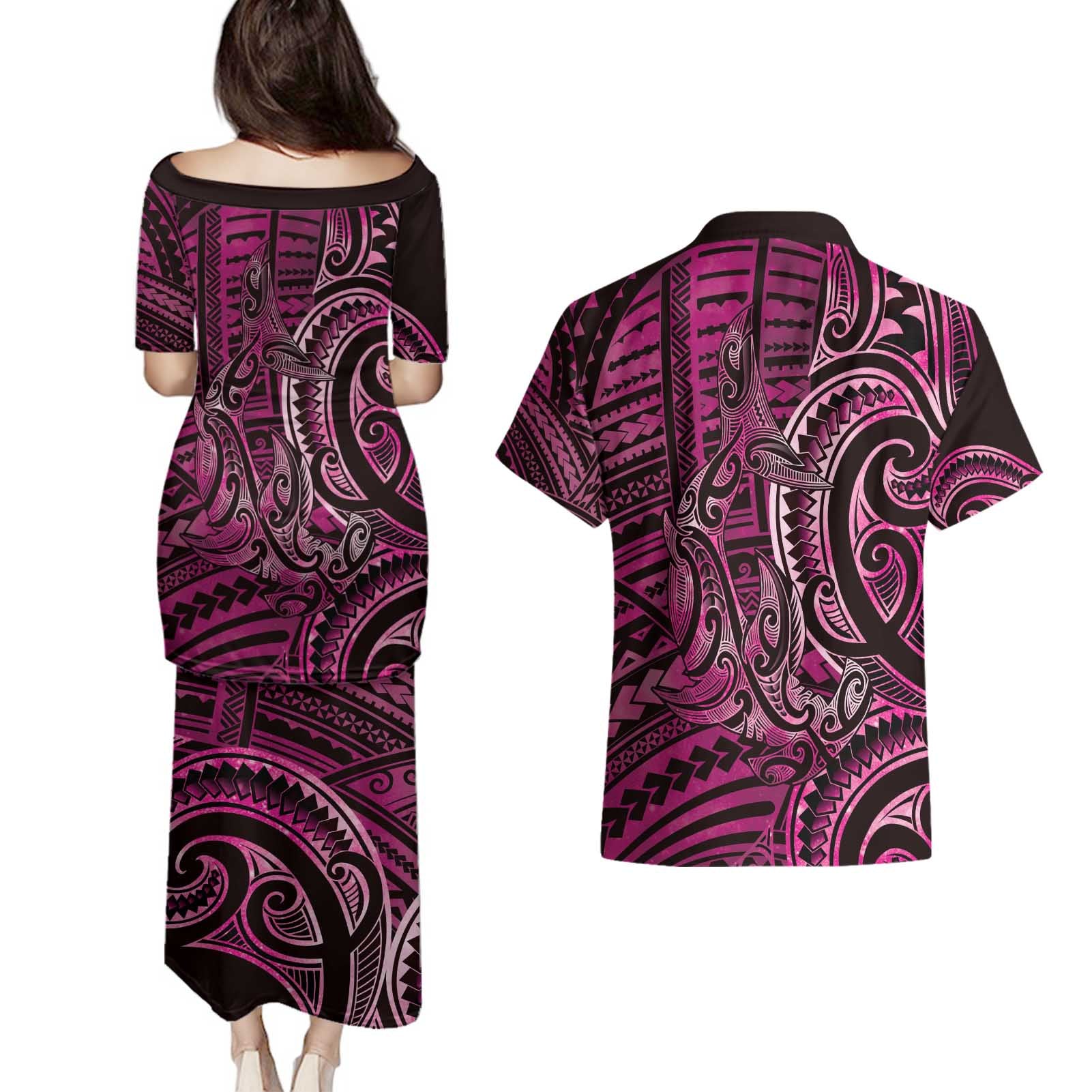 New Zealand Hammerhead Shark Couples Matching Puletasi and Hawaiian Shirt Maori Haehae Mangopare Pink - Aussie Hoodie