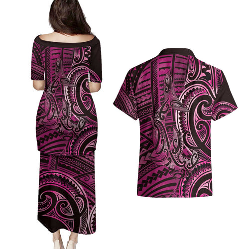 New Zealand Hammerhead Shark Couples Matching Puletasi and Hawaiian Shirt Maori Haehae Mangopare Pink - Aussie Hoodie