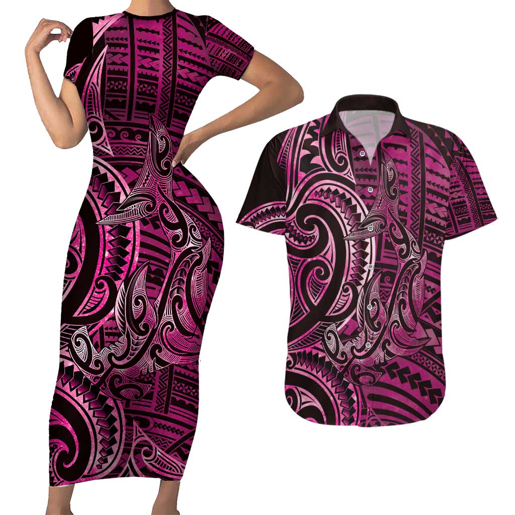 New Zealand Hammerhead Shark Couples Matching Short Sleeve Bodycon Dress and Hawaiian Shirt Maori Haehae Mangopare Pink - Aussie Hoodie