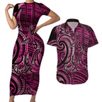 New Zealand Hammerhead Shark Couples Matching Short Sleeve Bodycon Dress and Hawaiian Shirt Maori Haehae Mangopare Pink - Aussie Hoodie