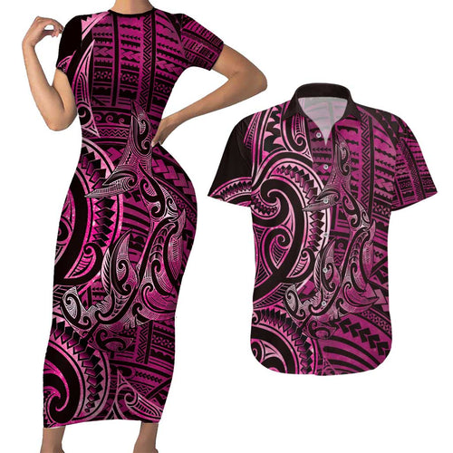 New Zealand Hammerhead Shark Couples Matching Short Sleeve Bodycon Dress and Hawaiian Shirt Maori Haehae Mangopare Pink - Aussie Hoodie