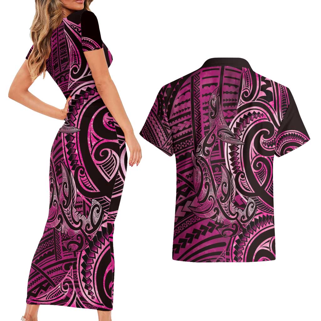 New Zealand Hammerhead Shark Couples Matching Short Sleeve Bodycon Dress and Hawaiian Shirt Maori Haehae Mangopare Pink - Aussie Hoodie