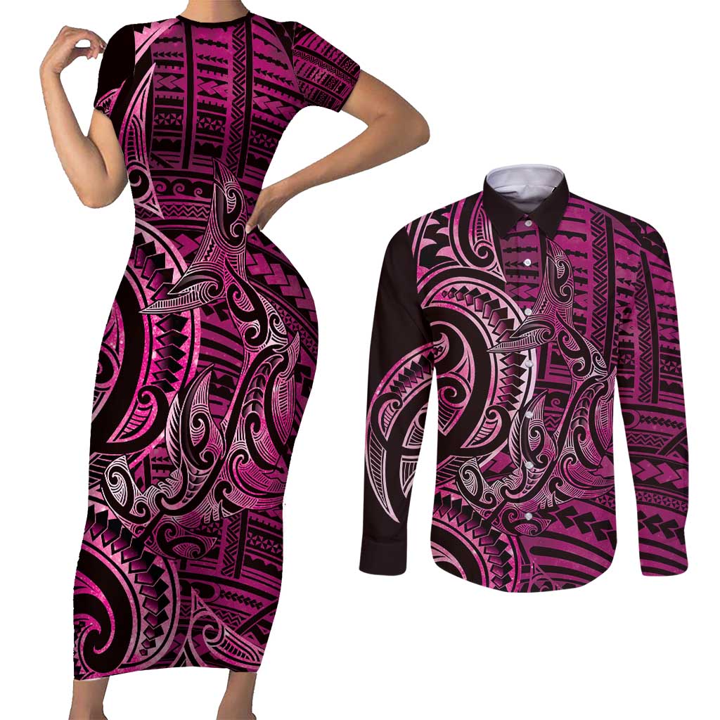 New Zealand Hammerhead Shark Couples Matching Short Sleeve Bodycon Dress and Long Sleeve Button Shirt Maori Haehae Mangopare Pink - Aussie Hoodie