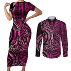 New Zealand Hammerhead Shark Couples Matching Short Sleeve Bodycon Dress and Long Sleeve Button Shirt Maori Haehae Mangopare Pink - Aussie Hoodie