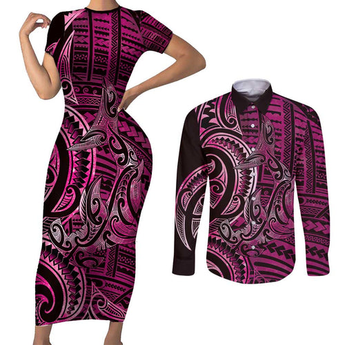 New Zealand Hammerhead Shark Couples Matching Short Sleeve Bodycon Dress and Long Sleeve Button Shirt Maori Haehae Mangopare Pink - Aussie Hoodie