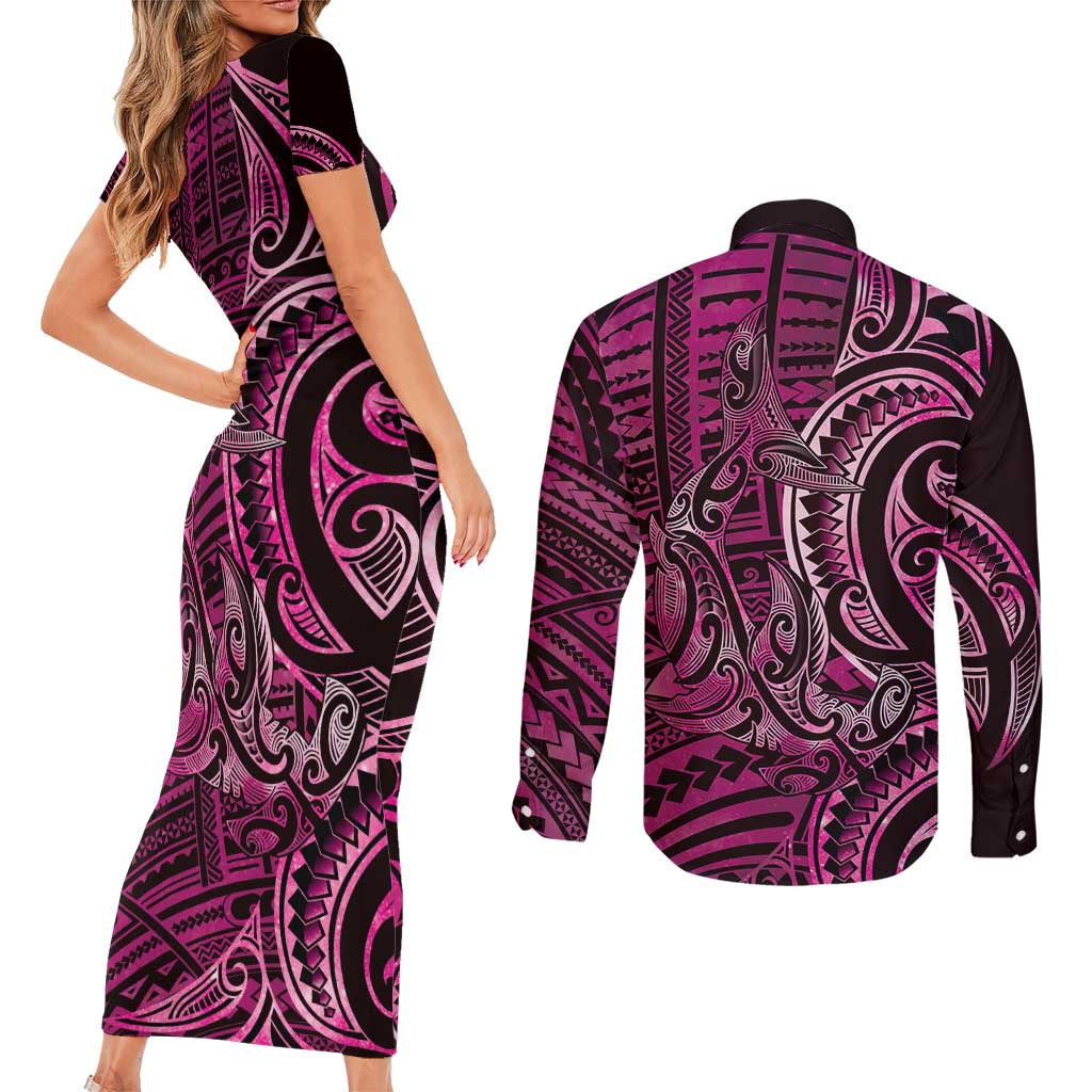 New Zealand Hammerhead Shark Couples Matching Short Sleeve Bodycon Dress and Long Sleeve Button Shirt Maori Haehae Mangopare Pink - Aussie Hoodie