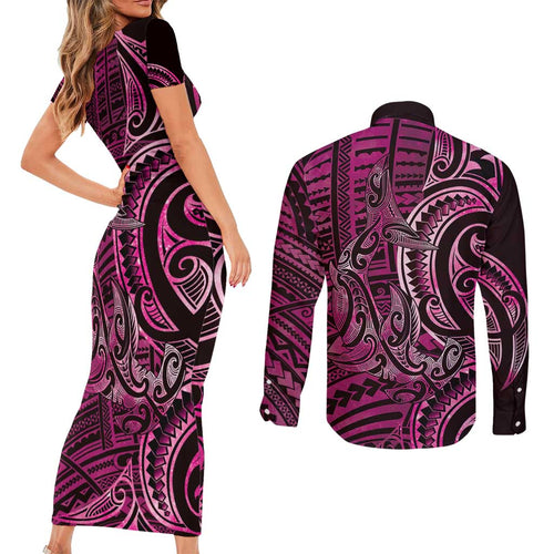 New Zealand Hammerhead Shark Couples Matching Short Sleeve Bodycon Dress and Long Sleeve Button Shirt Maori Haehae Mangopare Pink - Aussie Hoodie