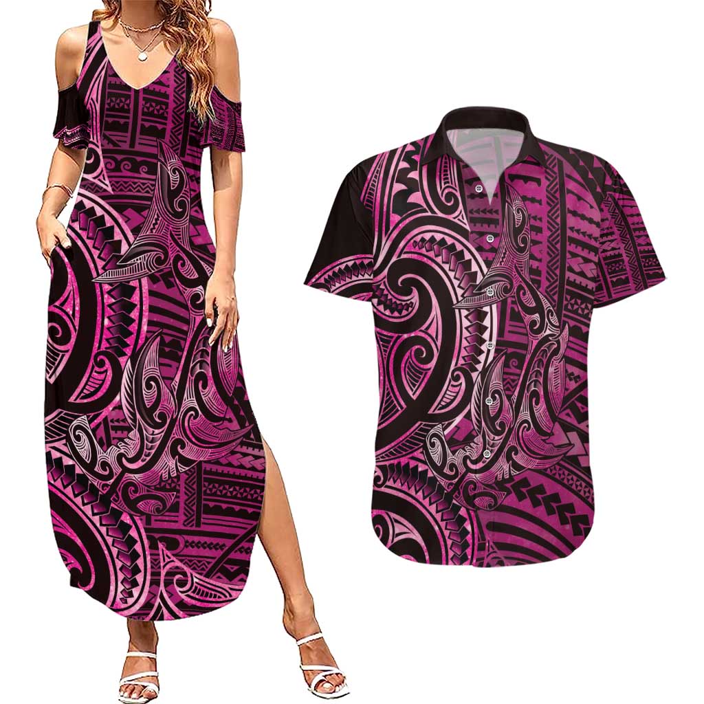 New Zealand Hammerhead Shark Couples Matching Summer Maxi Dress and Hawaiian Shirt Maori Haehae Mangopare Pink - Aussie Hoodie