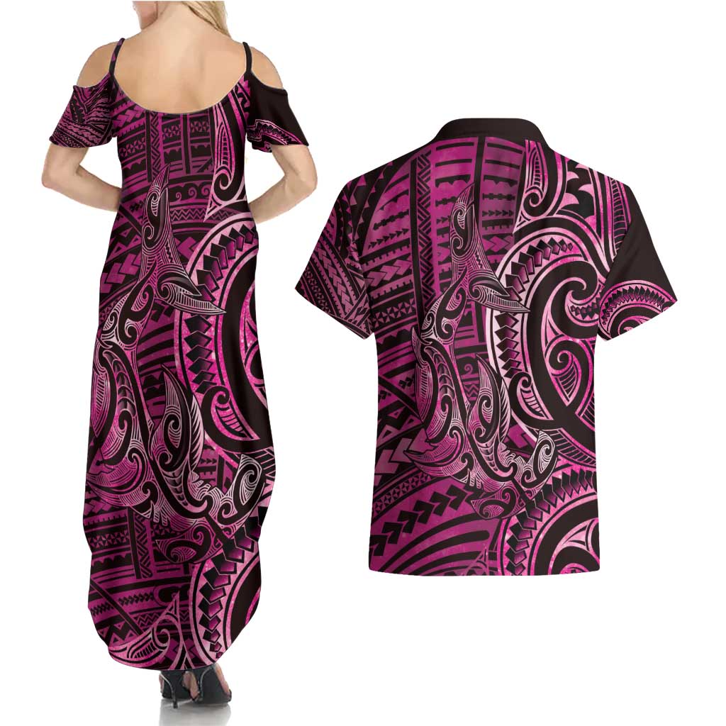 New Zealand Hammerhead Shark Couples Matching Summer Maxi Dress and Hawaiian Shirt Maori Haehae Mangopare Pink - Aussie Hoodie