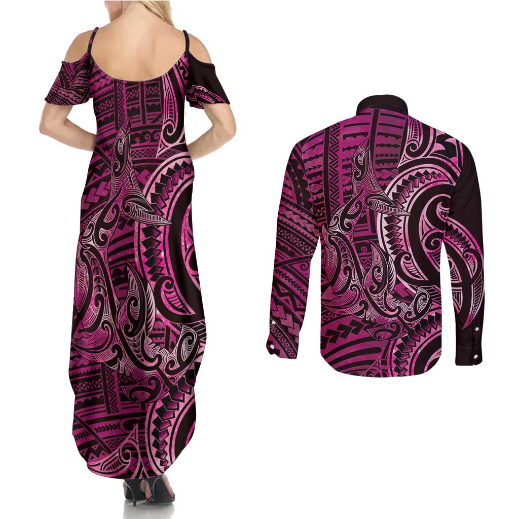 New Zealand Hammerhead Shark Couples Matching Summer Maxi Dress and Long Sleeve Button Shirt Maori Haehae Mangopare Pink - Aussie Hoodie