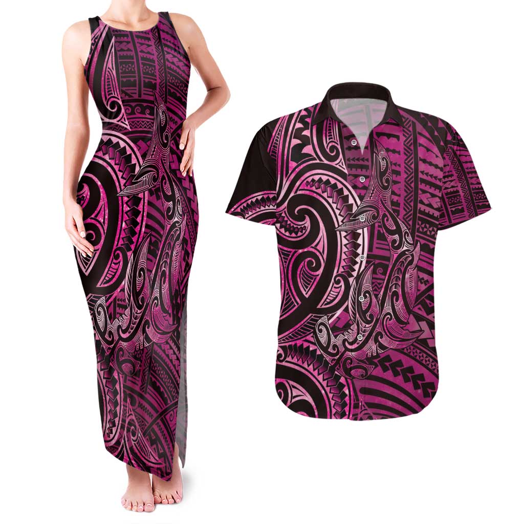 New Zealand Hammerhead Shark Couples Matching Tank Maxi Dress and Hawaiian Shirt Maori Haehae Mangopare Pink - Aussie Hoodie