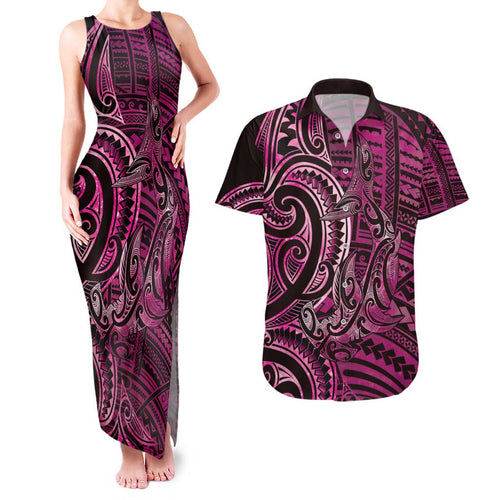 New Zealand Hammerhead Shark Couples Matching Tank Maxi Dress and Hawaiian Shirt Maori Haehae Mangopare Pink - Aussie Hoodie