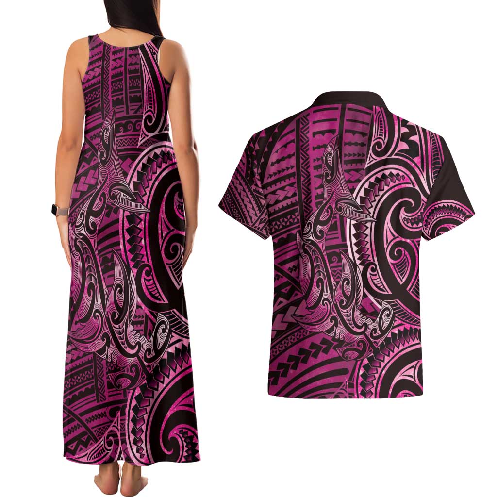 New Zealand Hammerhead Shark Couples Matching Tank Maxi Dress and Hawaiian Shirt Maori Haehae Mangopare Pink - Aussie Hoodie