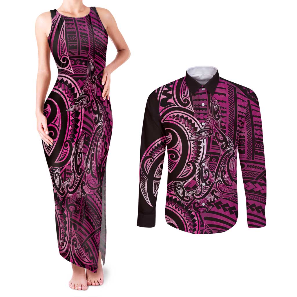 New Zealand Hammerhead Shark Couples Matching Tank Maxi Dress and Long Sleeve Button Shirt Maori Haehae Mangopare Pink - Aussie Hoodie