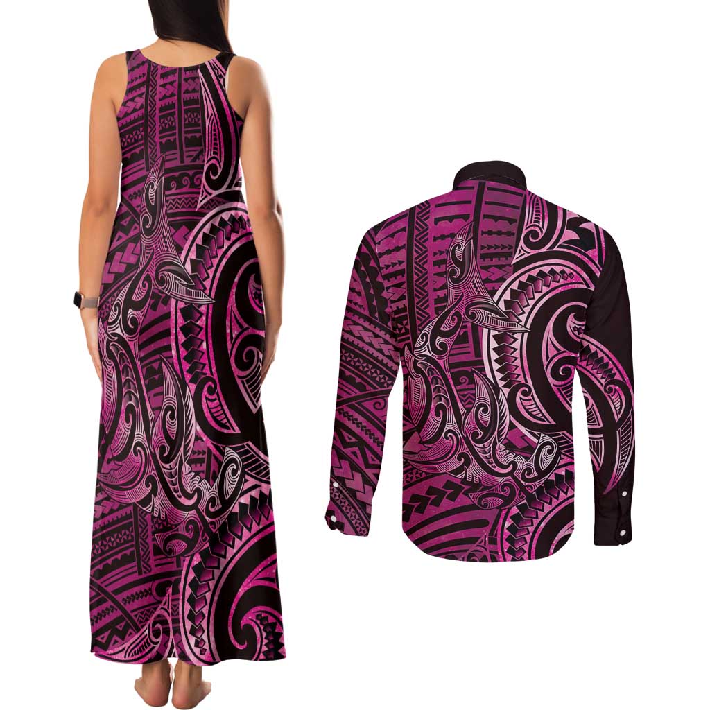 New Zealand Hammerhead Shark Couples Matching Tank Maxi Dress and Long Sleeve Button Shirt Maori Haehae Mangopare Pink - Aussie Hoodie