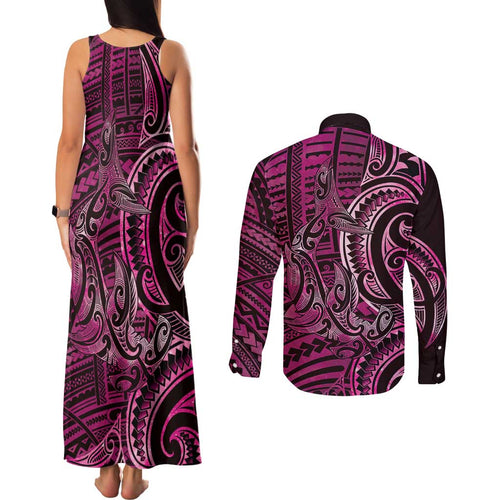 New Zealand Hammerhead Shark Couples Matching Tank Maxi Dress and Long Sleeve Button Shirt Maori Haehae Mangopare Pink - Aussie Hoodie