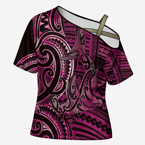 New Zealand Hammerhead Shark Cross Shoulder Shirt Maori Haehae Mangopare Pink - Aussie Hoodie