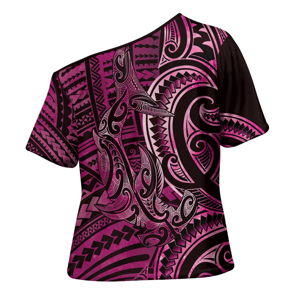 New Zealand Hammerhead Shark Cross Shoulder Shirt Maori Haehae Mangopare Pink - Aussie Hoodie