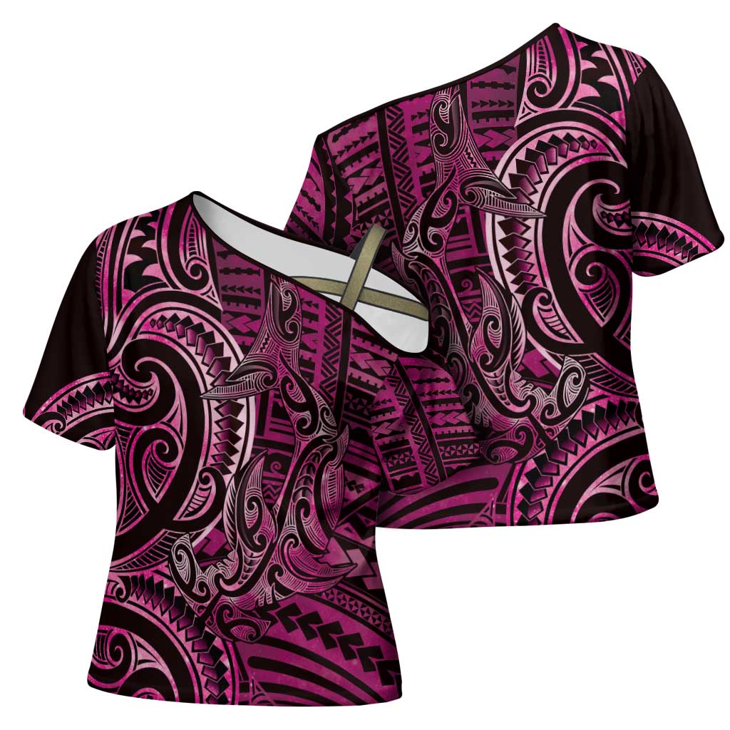 New Zealand Hammerhead Shark Cross Shoulder Shirt Maori Haehae Mangopare Pink - Aussie Hoodie
