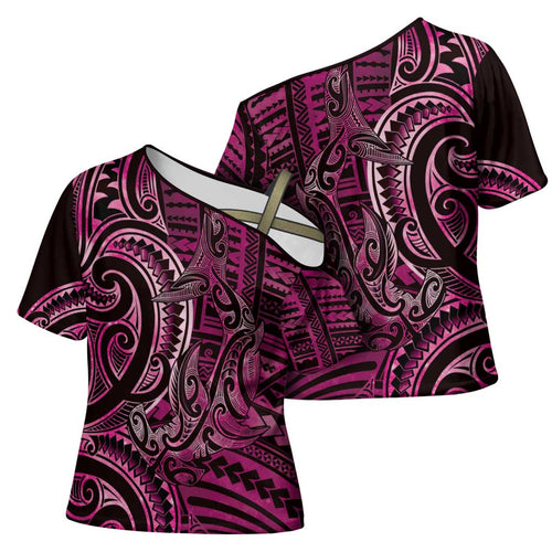 New Zealand Hammerhead Shark Cross Shoulder Shirt Maori Haehae Mangopare Pink - Aussie Hoodie