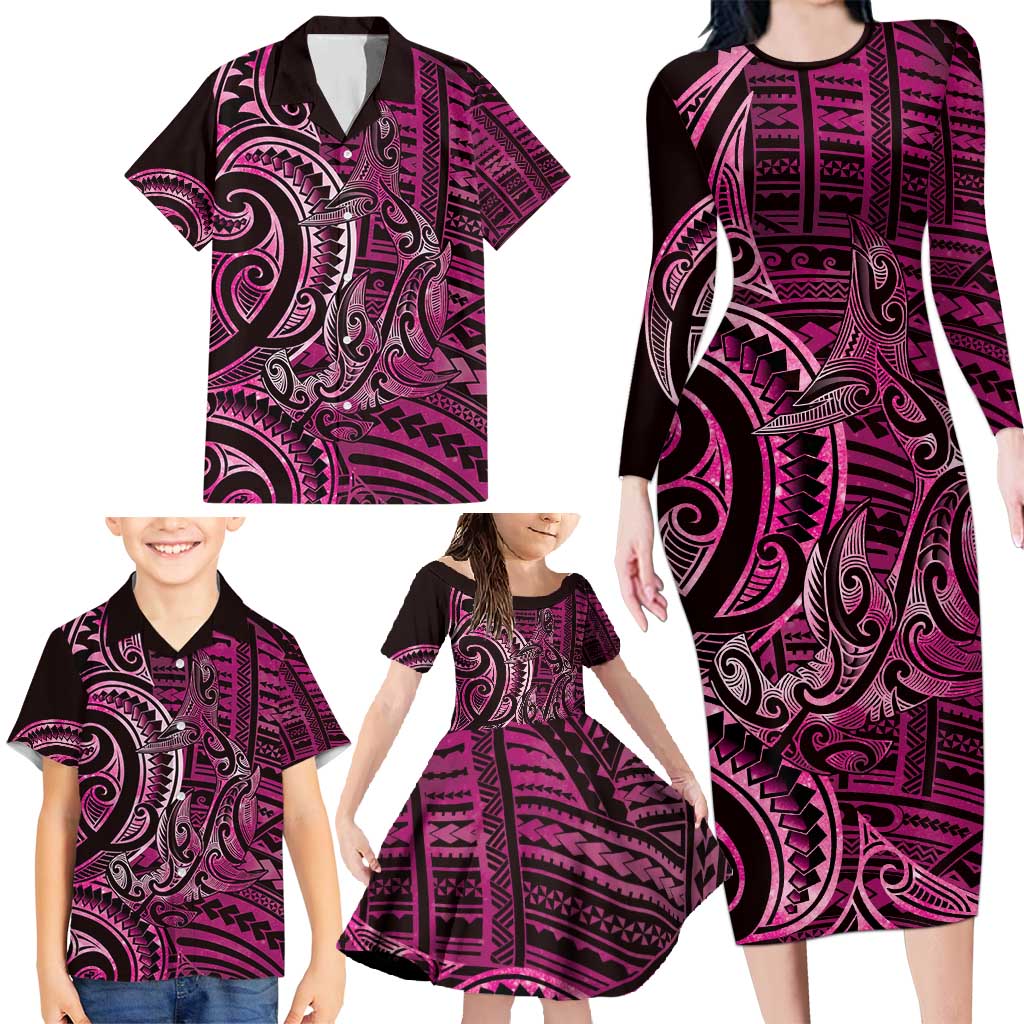 New Zealand Hammerhead Shark Family Matching Long Sleeve Bodycon Dress and Hawaiian Shirt Maori Haehae Mangopare Pink - Aussie Hoodie