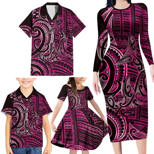 New Zealand Hammerhead Shark Family Matching Long Sleeve Bodycon Dress and Hawaiian Shirt Maori Haehae Mangopare Pink - Aussie Hoodie