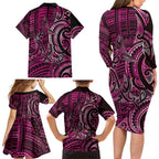New Zealand Hammerhead Shark Family Matching Long Sleeve Bodycon Dress and Hawaiian Shirt Maori Haehae Mangopare Pink - Aussie Hoodie