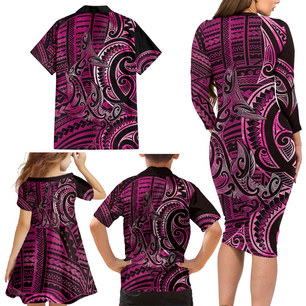 New Zealand Hammerhead Shark Family Matching Long Sleeve Bodycon Dress and Hawaiian Shirt Maori Haehae Mangopare Pink - Aussie Hoodie