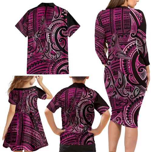 New Zealand Hammerhead Shark Family Matching Long Sleeve Bodycon Dress and Hawaiian Shirt Maori Haehae Mangopare Pink - Aussie Hoodie