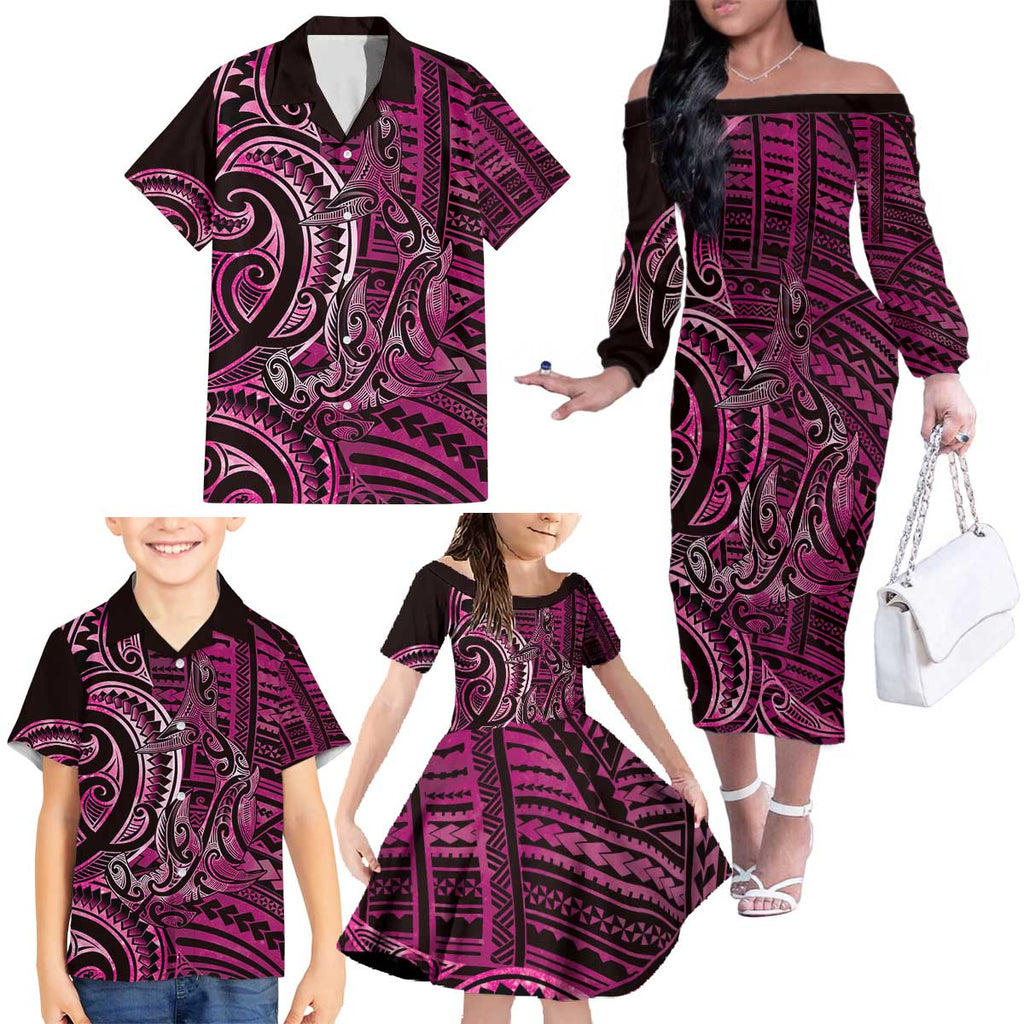 New Zealand Hammerhead Shark Family Matching Off The Shoulder Long Sleeve Dress and Hawaiian Shirt Maori Haehae Mangopare Pink - Aussie Hoodie