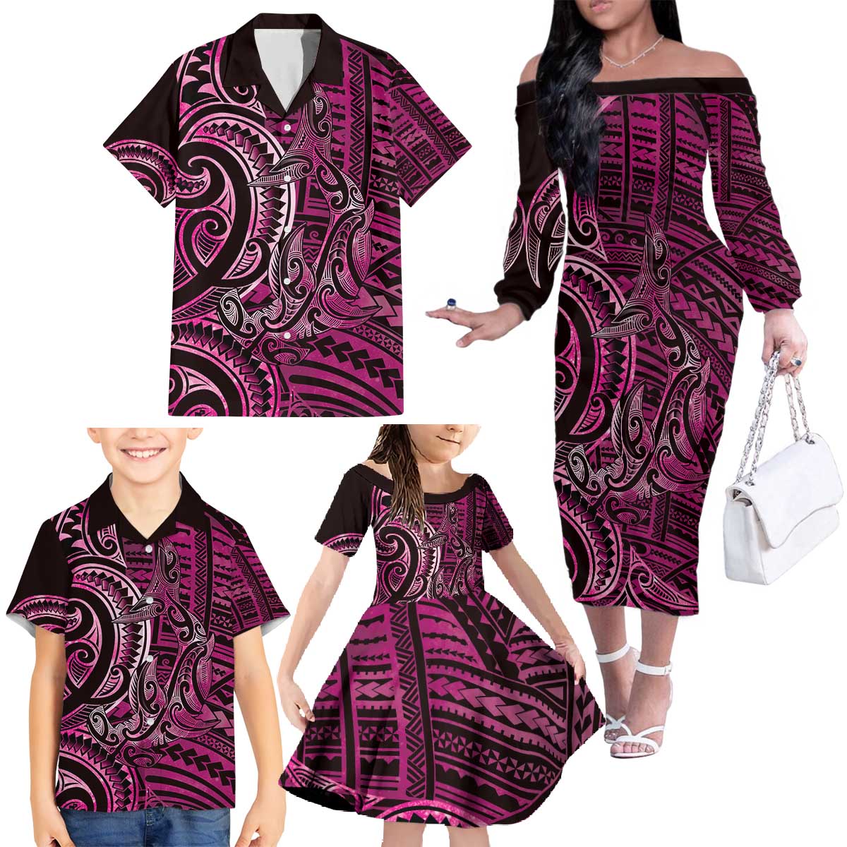 New Zealand Hammerhead Shark Family Matching Off The Shoulder Long Sleeve Dress and Hawaiian Shirt Maori Haehae Mangopare Pink - Aussie Hoodie