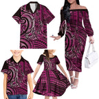 New Zealand Hammerhead Shark Family Matching Off The Shoulder Long Sleeve Dress and Hawaiian Shirt Maori Haehae Mangopare Pink - Aussie Hoodie