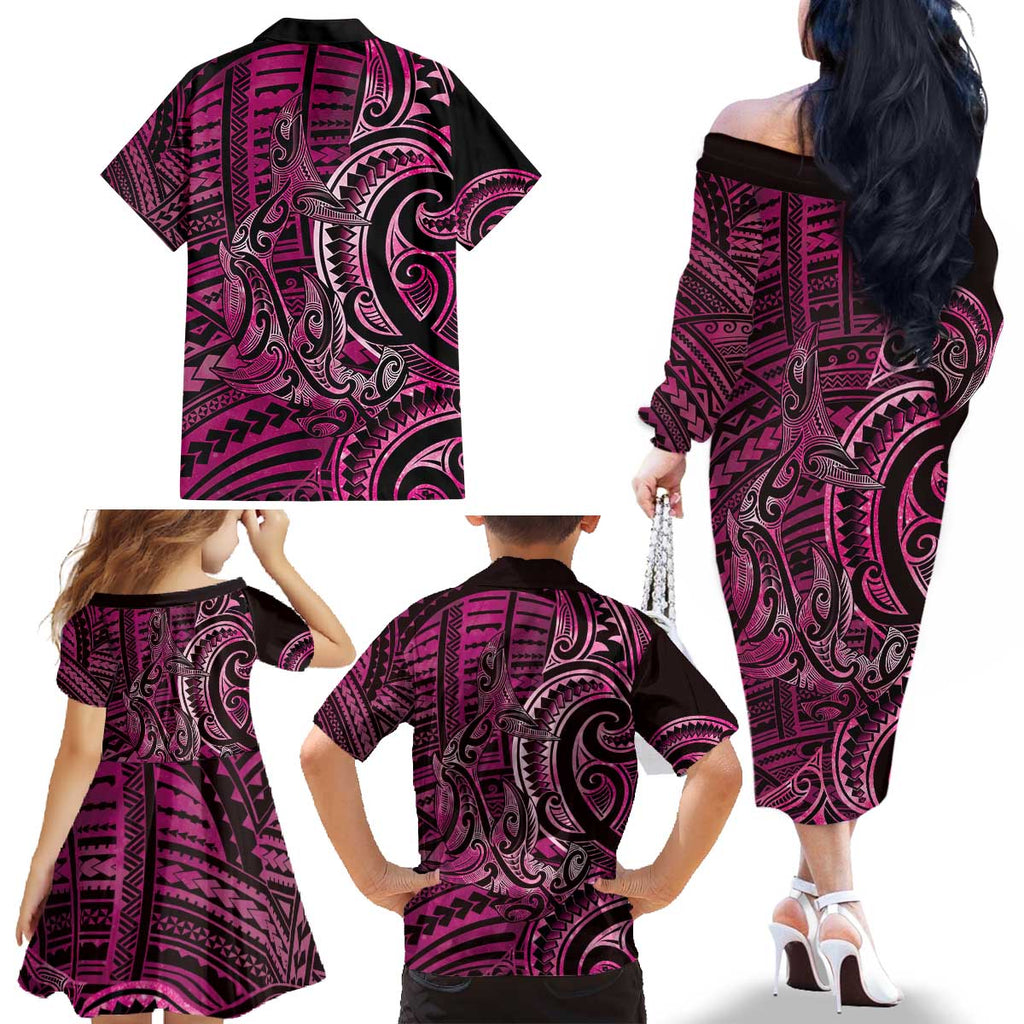 New Zealand Hammerhead Shark Family Matching Off The Shoulder Long Sleeve Dress and Hawaiian Shirt Maori Haehae Mangopare Pink - Aussie Hoodie