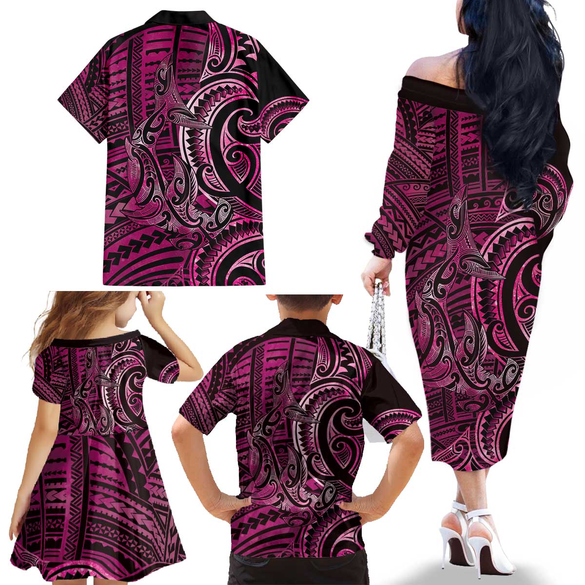 New Zealand Hammerhead Shark Family Matching Off The Shoulder Long Sleeve Dress and Hawaiian Shirt Maori Haehae Mangopare Pink - Aussie Hoodie