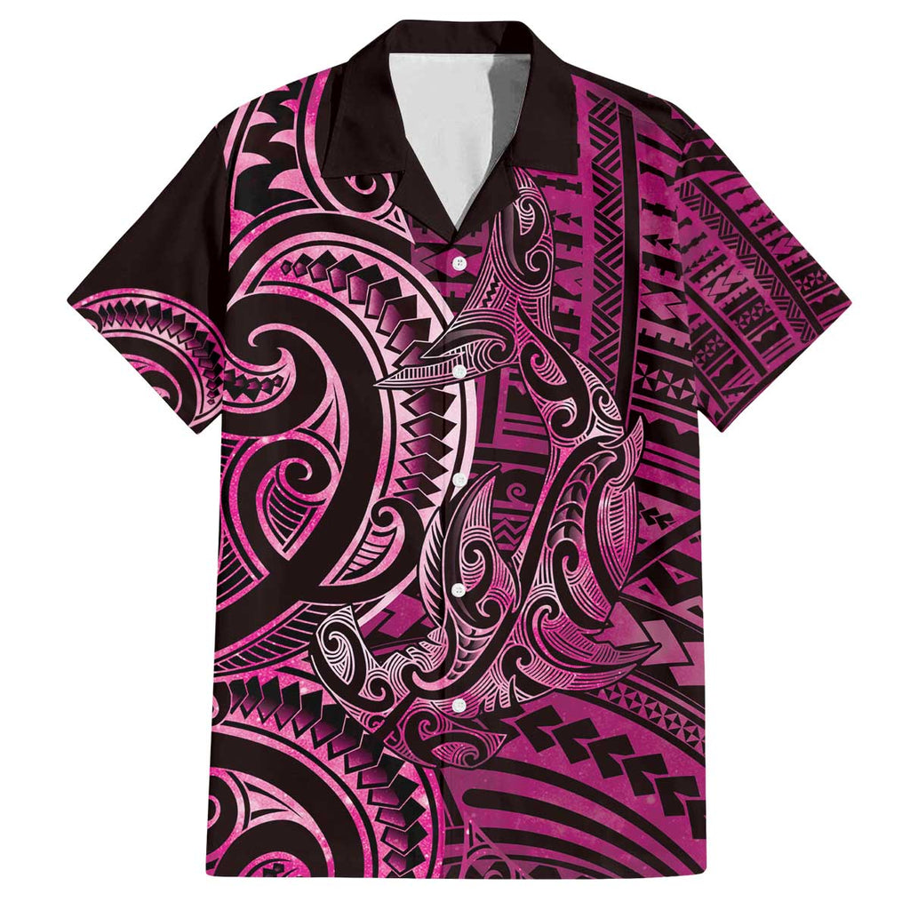 New Zealand Hammerhead Shark Family Matching Off The Shoulder Long Sleeve Dress and Hawaiian Shirt Maori Haehae Mangopare Pink - Aussie Hoodie