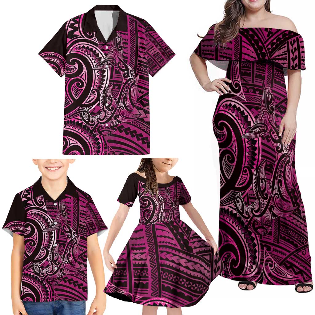 New Zealand Hammerhead Shark Family Matching Off Shoulder Maxi Dress and Hawaiian Shirt Maori Haehae Mangopare Pink - Aussie Hoodie