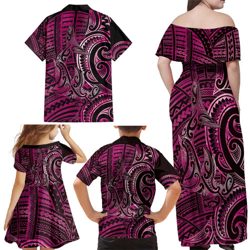 New Zealand Hammerhead Shark Family Matching Off Shoulder Maxi Dress and Hawaiian Shirt Maori Haehae Mangopare Pink - Aussie Hoodie