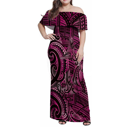 New Zealand Hammerhead Shark Family Matching Off Shoulder Maxi Dress and Hawaiian Shirt Maori Haehae Mangopare Pink - Aussie Hoodie