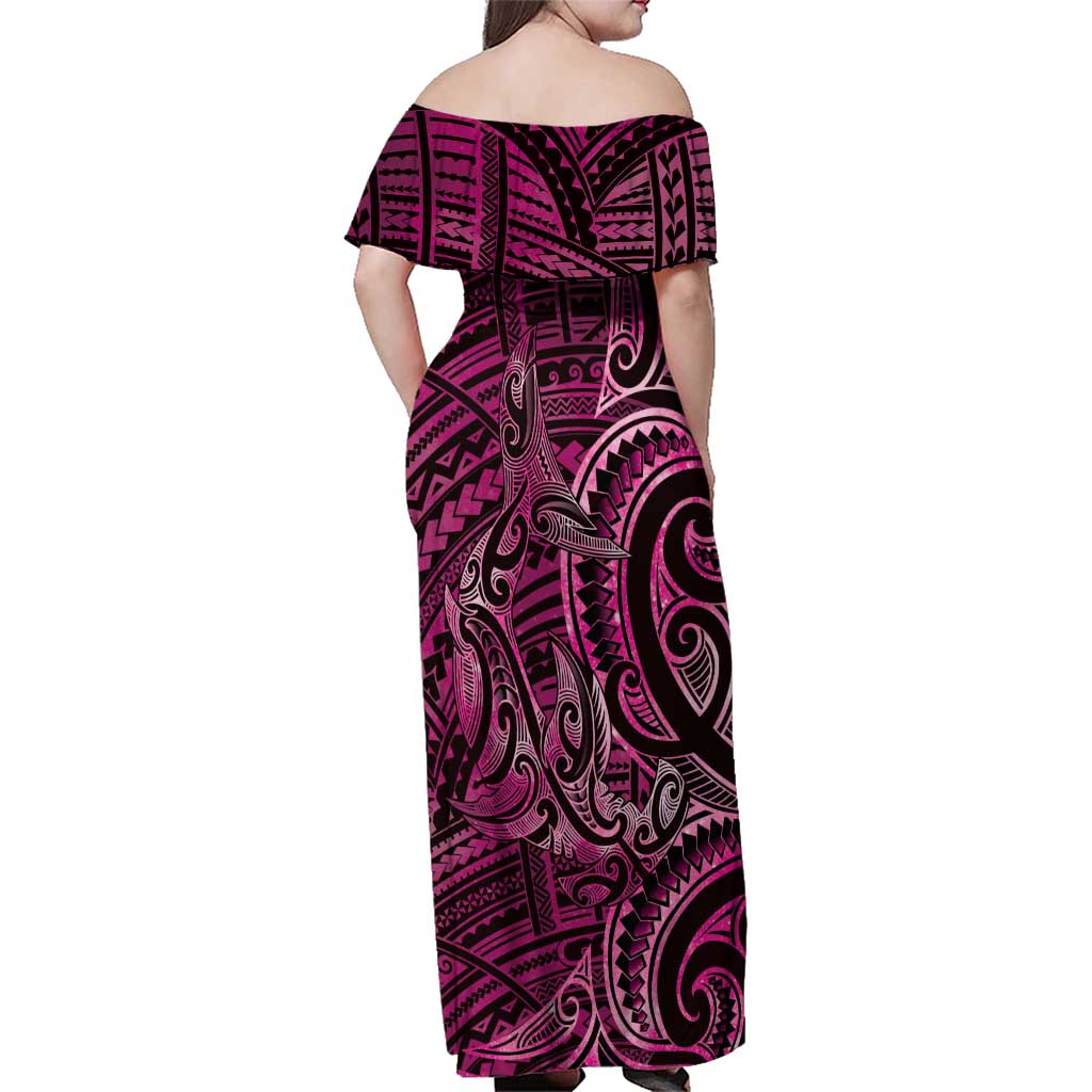 New Zealand Hammerhead Shark Family Matching Off Shoulder Maxi Dress and Hawaiian Shirt Maori Haehae Mangopare Pink - Aussie Hoodie