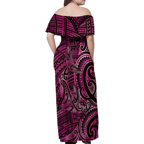 New Zealand Hammerhead Shark Family Matching Off Shoulder Maxi Dress and Hawaiian Shirt Maori Haehae Mangopare Pink - Aussie Hoodie