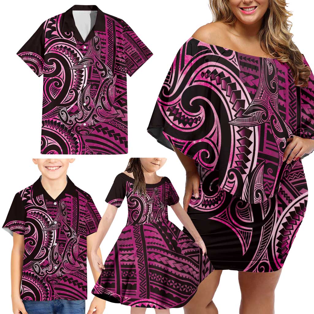 New Zealand Hammerhead Shark Family Matching Off Shoulder Short Dress and Hawaiian Shirt Maori Haehae Mangopare Pink - Aussie Hoodie