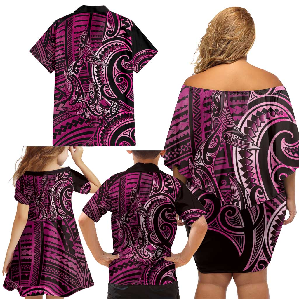 New Zealand Hammerhead Shark Family Matching Off Shoulder Short Dress and Hawaiian Shirt Maori Haehae Mangopare Pink - Aussie Hoodie