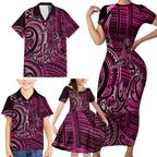 New Zealand Hammerhead Shark Family Matching Short Sleeve Bodycon Dress and Hawaiian Shirt Maori Haehae Mangopare Pink - Aussie Hoodie