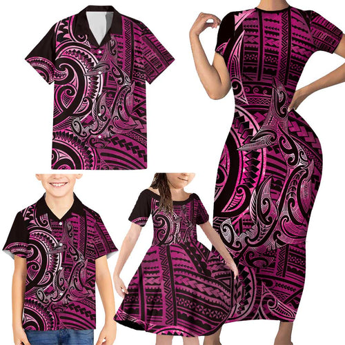 New Zealand Hammerhead Shark Family Matching Short Sleeve Bodycon Dress and Hawaiian Shirt Maori Haehae Mangopare Pink - Aussie Hoodie
