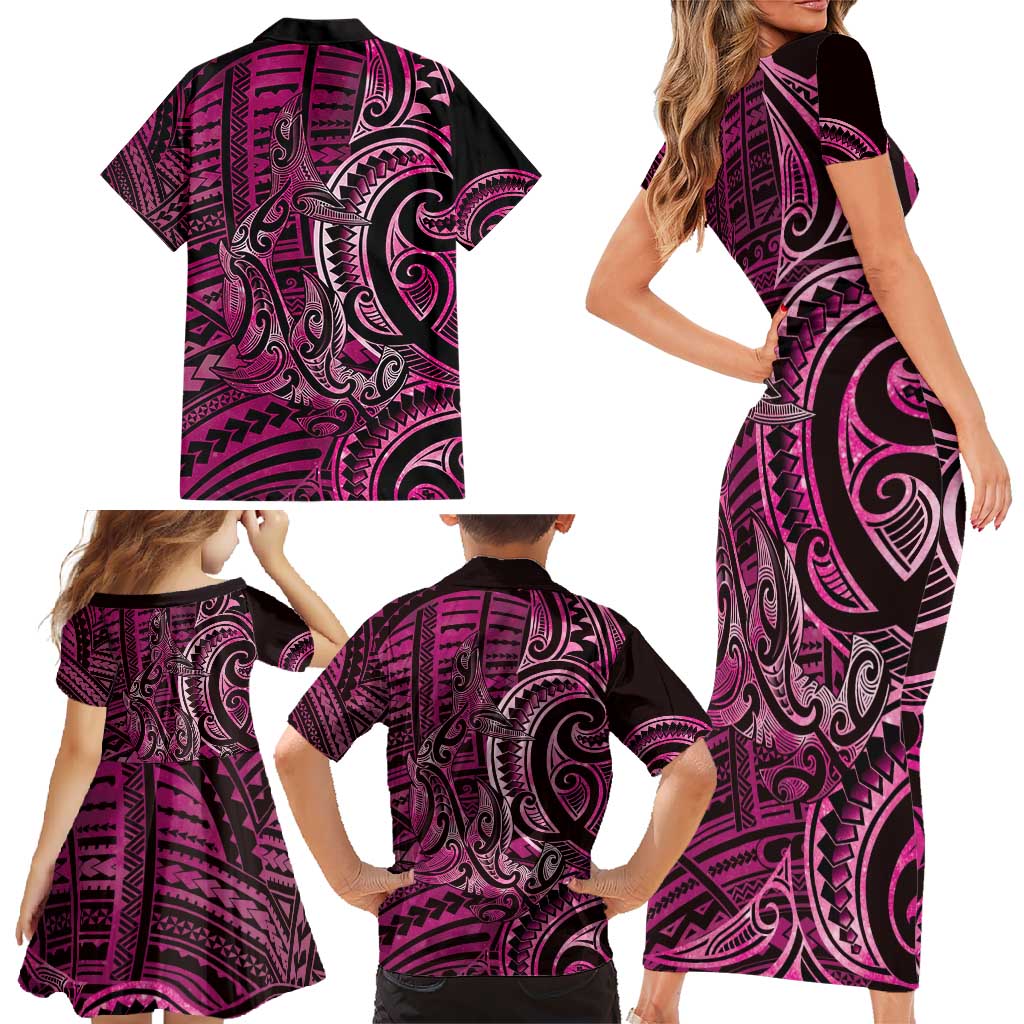 New Zealand Hammerhead Shark Family Matching Short Sleeve Bodycon Dress and Hawaiian Shirt Maori Haehae Mangopare Pink - Aussie Hoodie