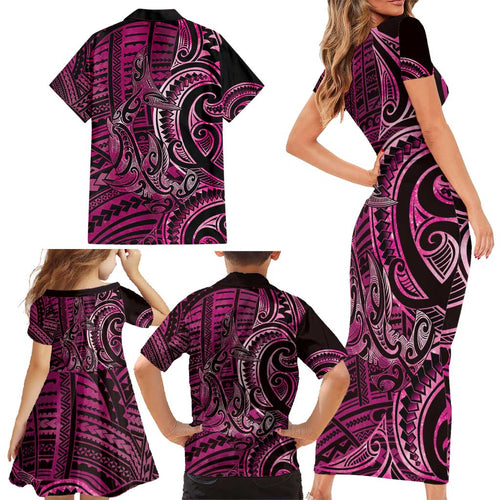 New Zealand Hammerhead Shark Family Matching Short Sleeve Bodycon Dress and Hawaiian Shirt Maori Haehae Mangopare Pink - Aussie Hoodie