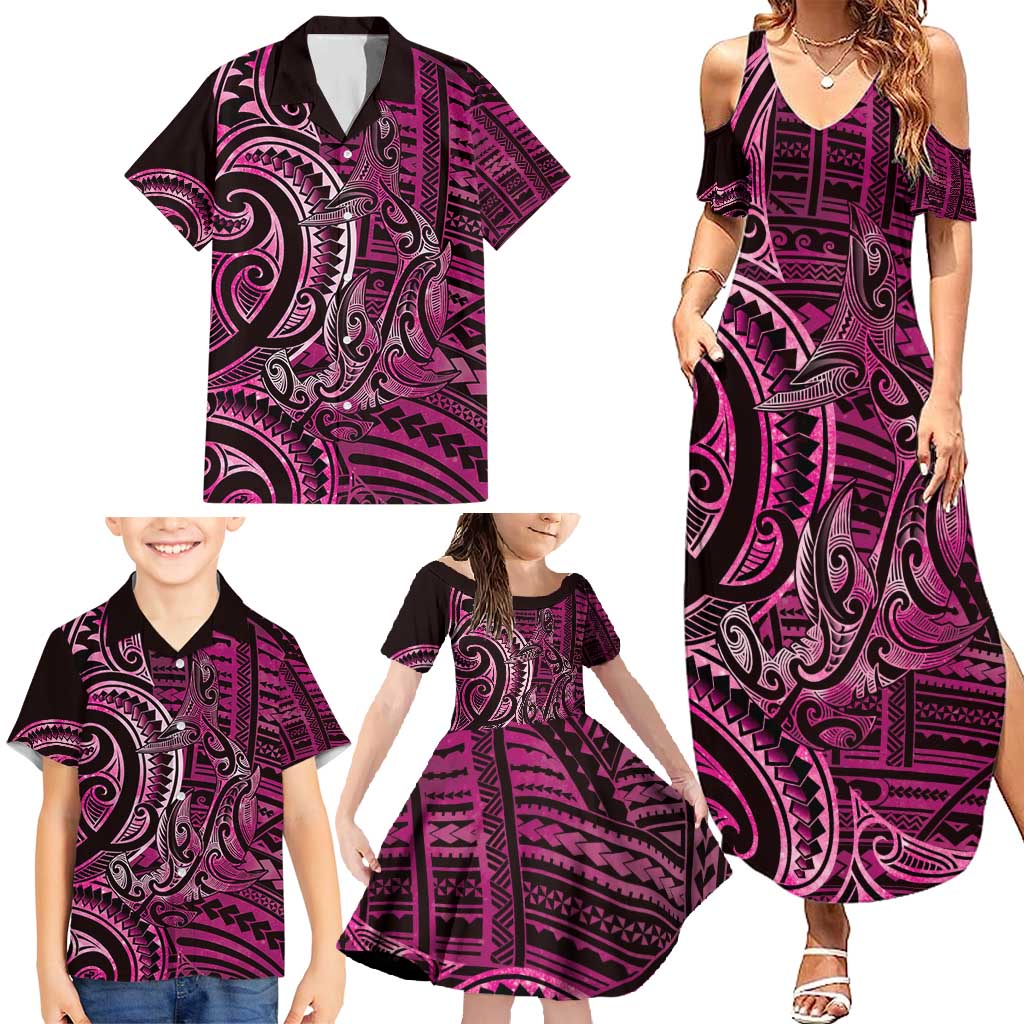 New Zealand Hammerhead Shark Family Matching Summer Maxi Dress and Hawaiian Shirt Maori Haehae Mangopare Pink - Aussie Hoodie